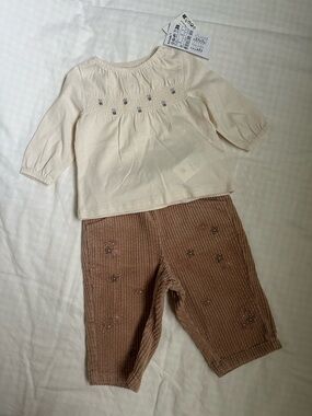 Kiabi Cream Smocked Baby Top with NEXT Corduroy Pants Embroidered Set